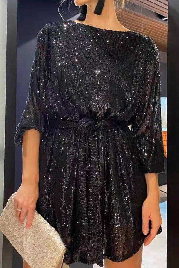 Sequin Tie Waist Long Sleeve Mini Dress Lavish Daily