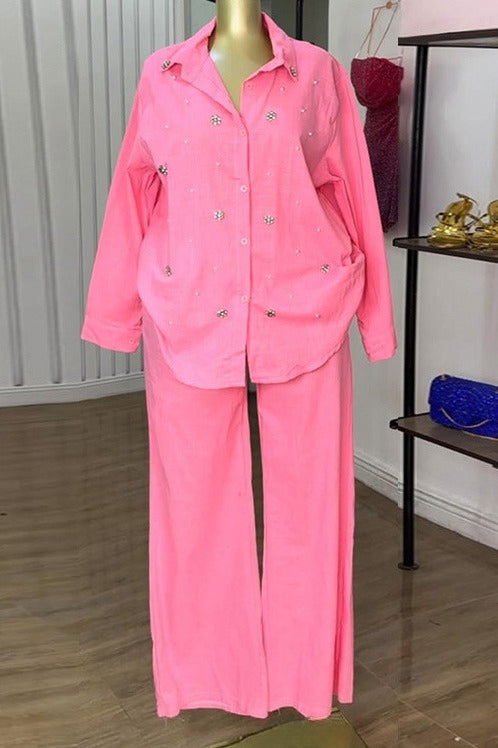 Beaded Collared Shirt & High-Waist Pants Set Lavish Daily