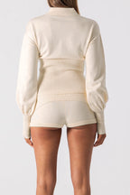 Knit Collared Long Sleeve Cardigan Shorts Set LavishDaily