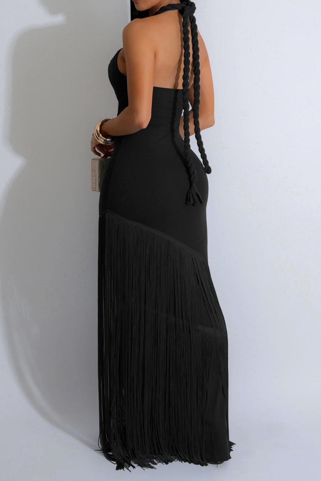 Halter Cutout Fringe Maxi Dress Lavish Daily
