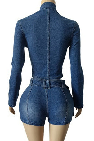 Washed Denim Zip Up Top & Shorts Set Lavish Daily