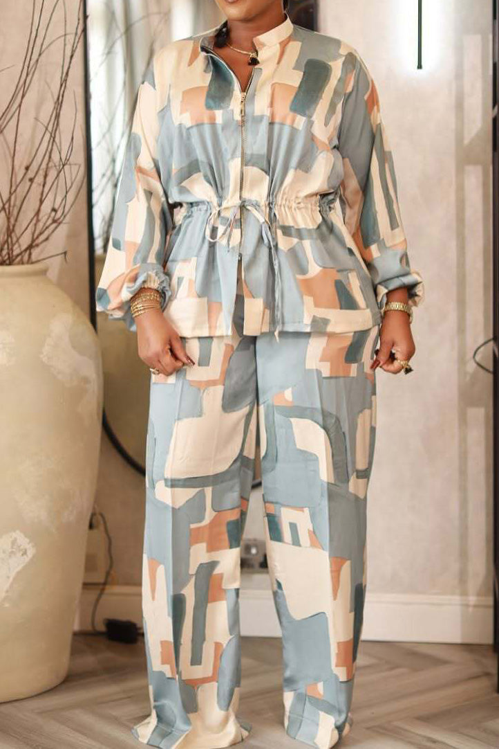 Printed Stand Collar Drawstring Waist 2-Piece Set Lavish Daily