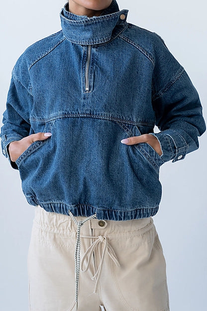 High-Collar Half-Zip Denim Pullover Jacket Lavish Daily