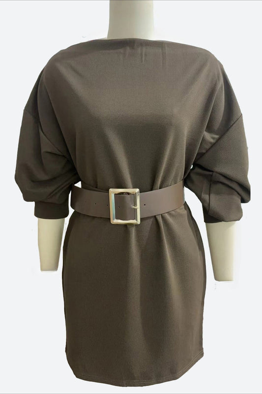 Lantern Sleeve Belted Knit Mini Dress Lavish Daily
