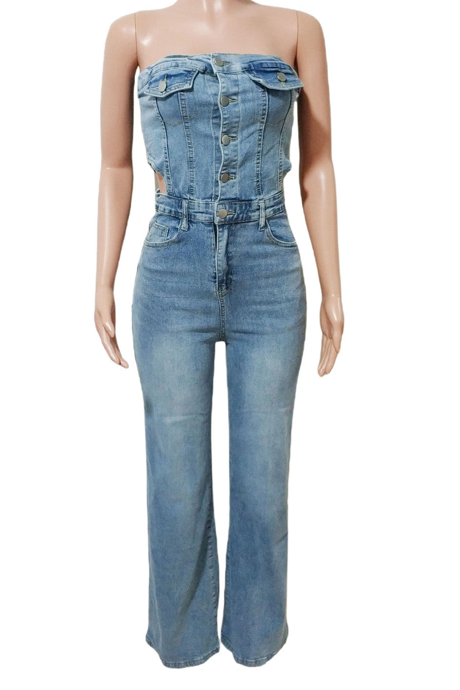 Strapless Slim Top Wide-Leg Denim Jumpsuit Lavish Daily