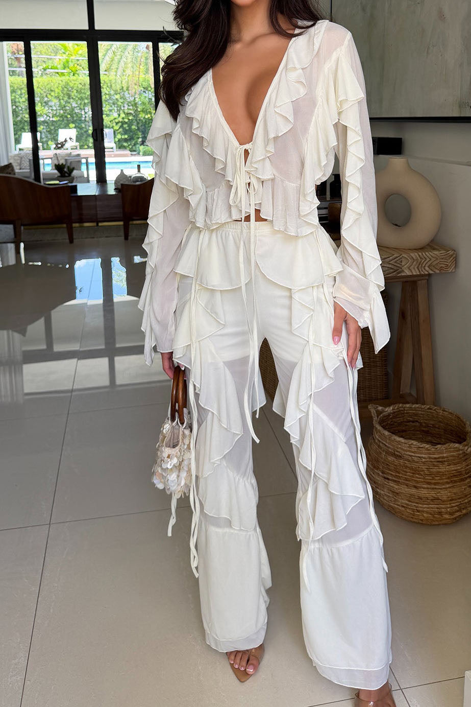Ruffle Tie-Front Top & Pants Set Lavish Daily