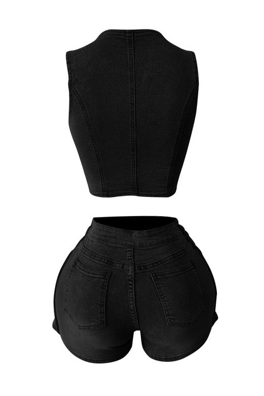 Stretch Denim Apron Shorts Set - Vest & Shorts Lavish Daily