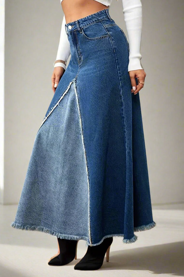 High Waist Denim Midi A-Line Skirt Lavish Daily