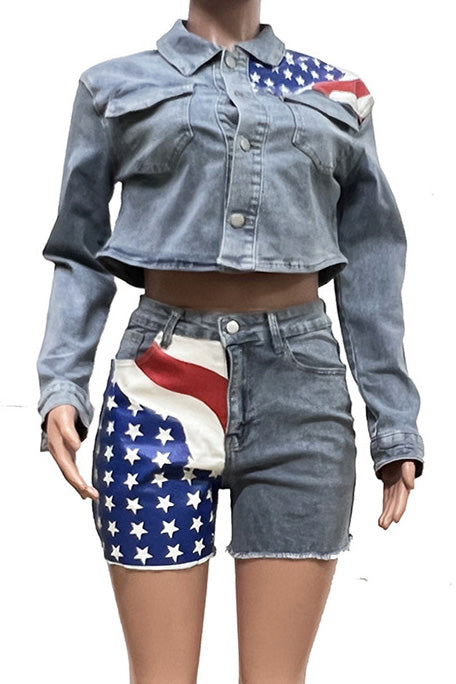 Casual Denim Set with Flag Print for Women Lavish Daily