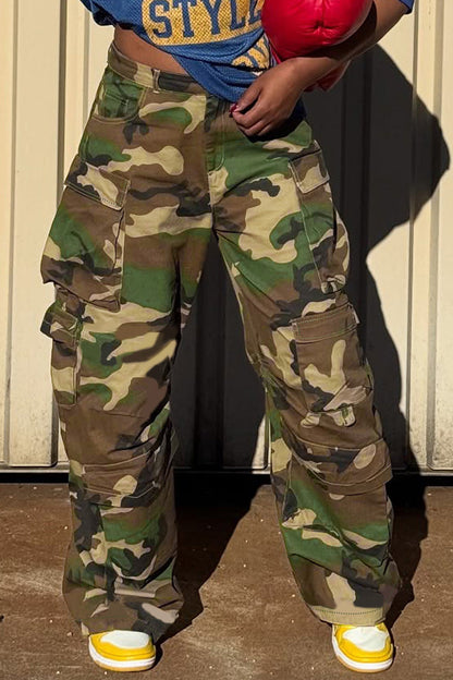 High-Rise Classic Camo Multi-Pocket Cargos Lavish Daily