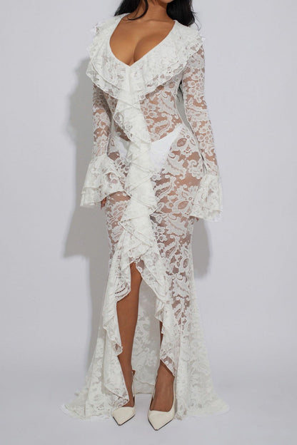 Sheer Lace Ruffled Slit Maxi Dress Lavish Daily