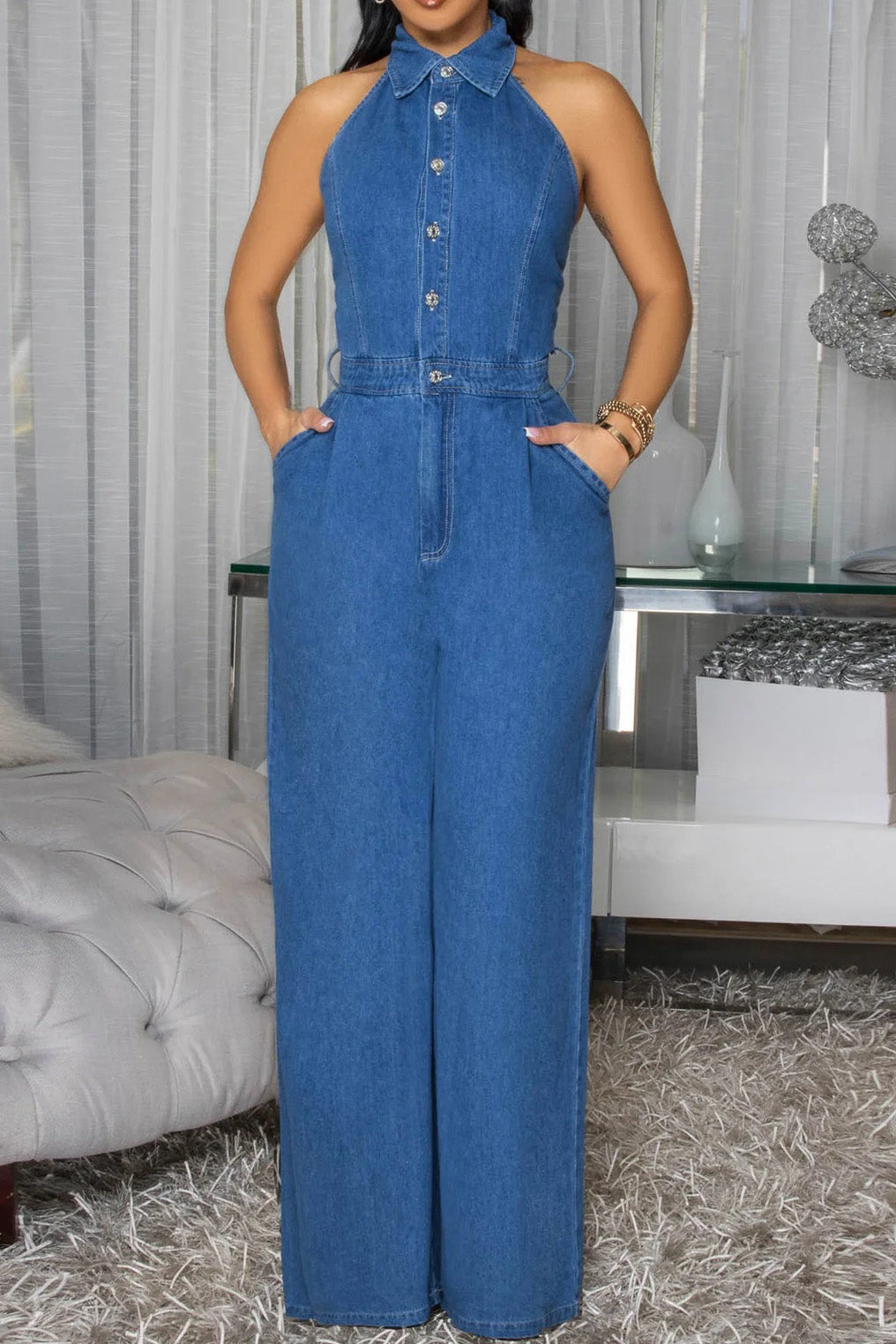 Halter Backless Jumpsuit Wide Leg Stretch Lavish Daily