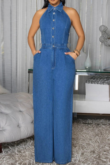 Halter Backless Jumpsuit Wide Leg Stretch Lavish Daily