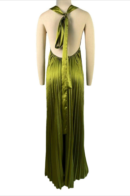 Pleated Halter Plunge Maxi Dress Lavish Daily