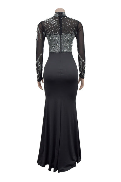 Rhinestone Mesh High Slit Maxi Dress Lavish Daily