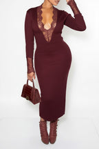 Knit Fringe Deep V Long Sleeve Dress Lavish Daily