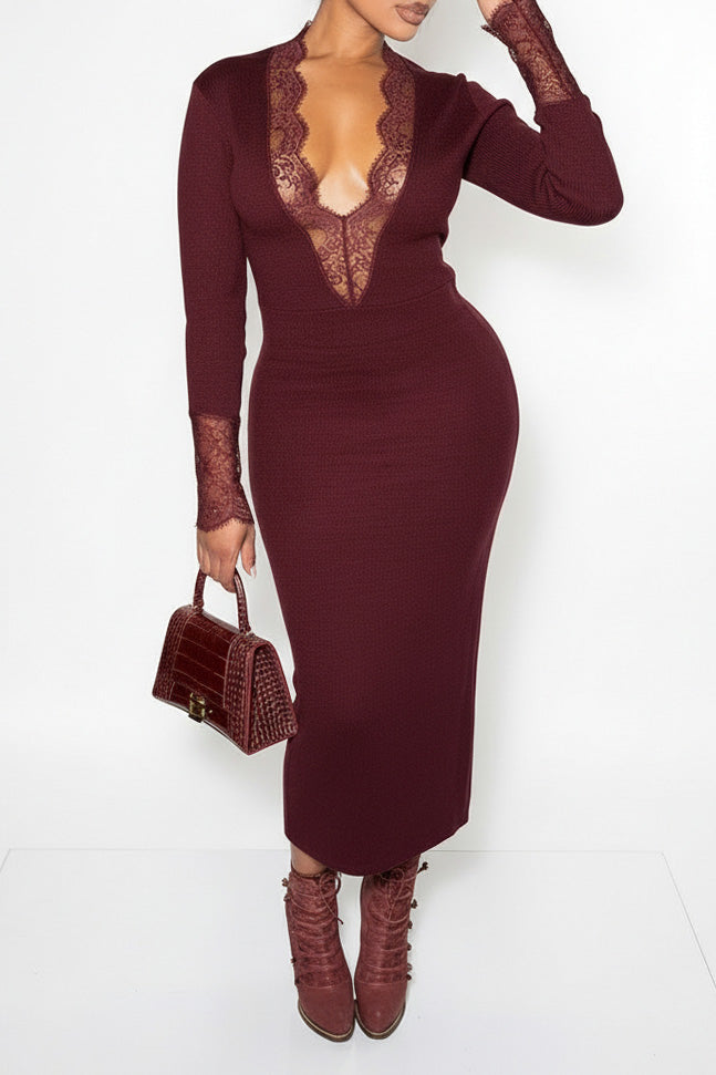 Knit Fringe Deep V Long Sleeve Dress Lavish Daily