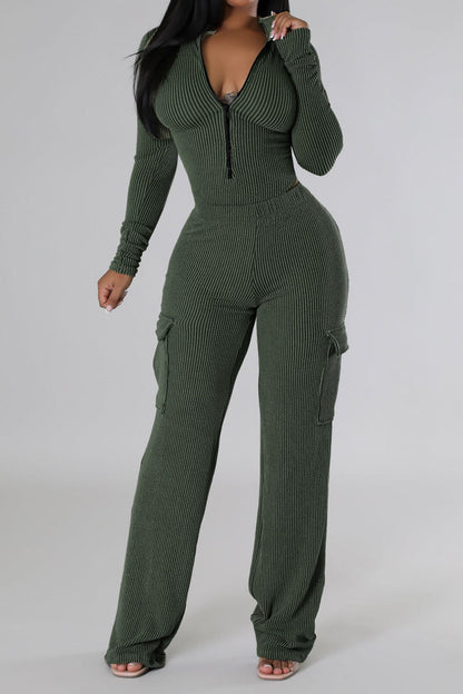 Zip-Front Bodysuit & Cargo Pants Set Lavish Daily