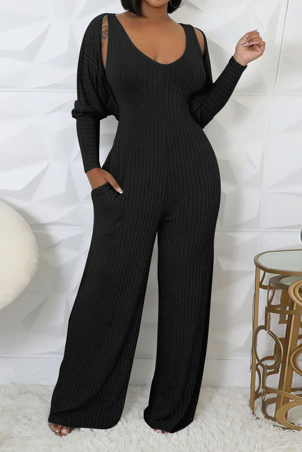 2-Piece Ribbed Knit Tank Jumpsuit & Cropped Top Set Lavish Daily