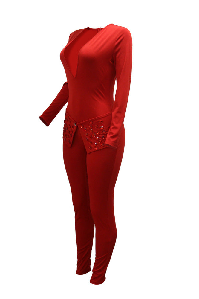 V-Neck Rhinestone Jumpsuit Lavish Daily