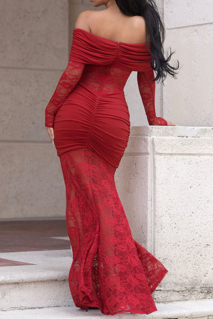 Off-Shoulder Ruched Lace Maxi Dress Lavish Daily