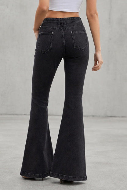 Medium Stretch High Rise Tie Belt Flare Jeans Lavish Daily