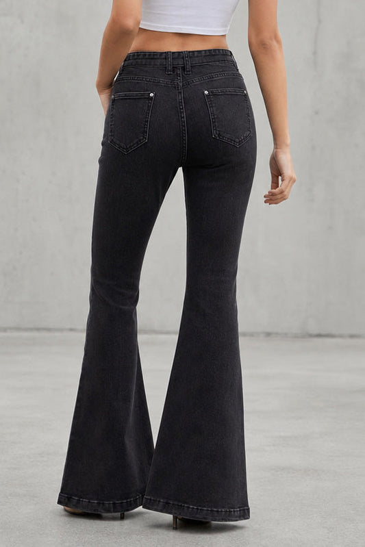 Medium Stretch High Rise Tie Belt Flare Jeans Lavish Daily