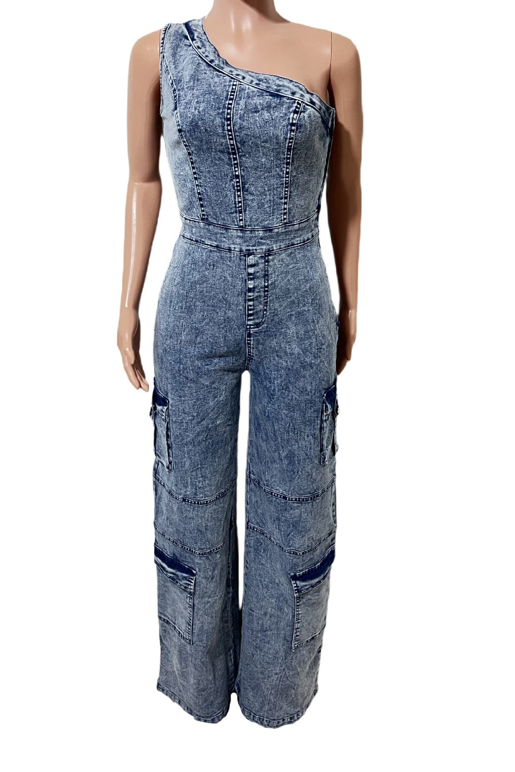 One Shoulder Stretch Denim Jumpsuit Lavish Daily