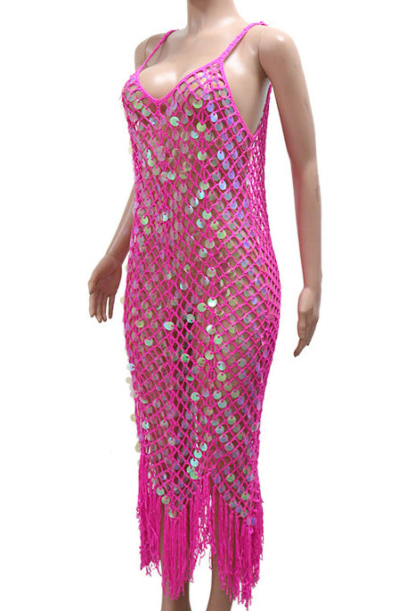 Disco V-Neck Fringe Hem Slip Dress Lavish Daily