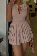 V-Neck High Waist Pleated A-Line Mini Dress Lavish Daily