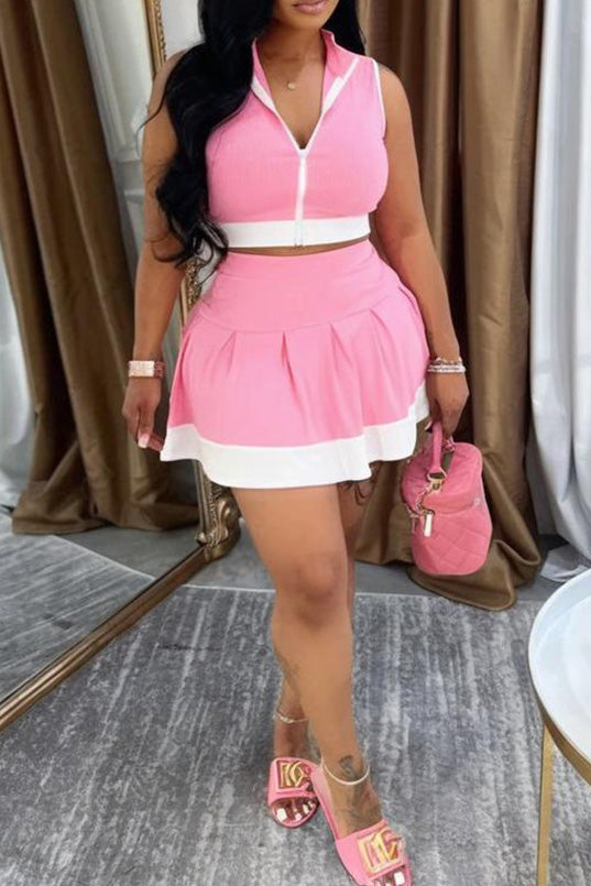Colorblock Sleeveless Zip Top and Skirt Outfit Lavish Daily
