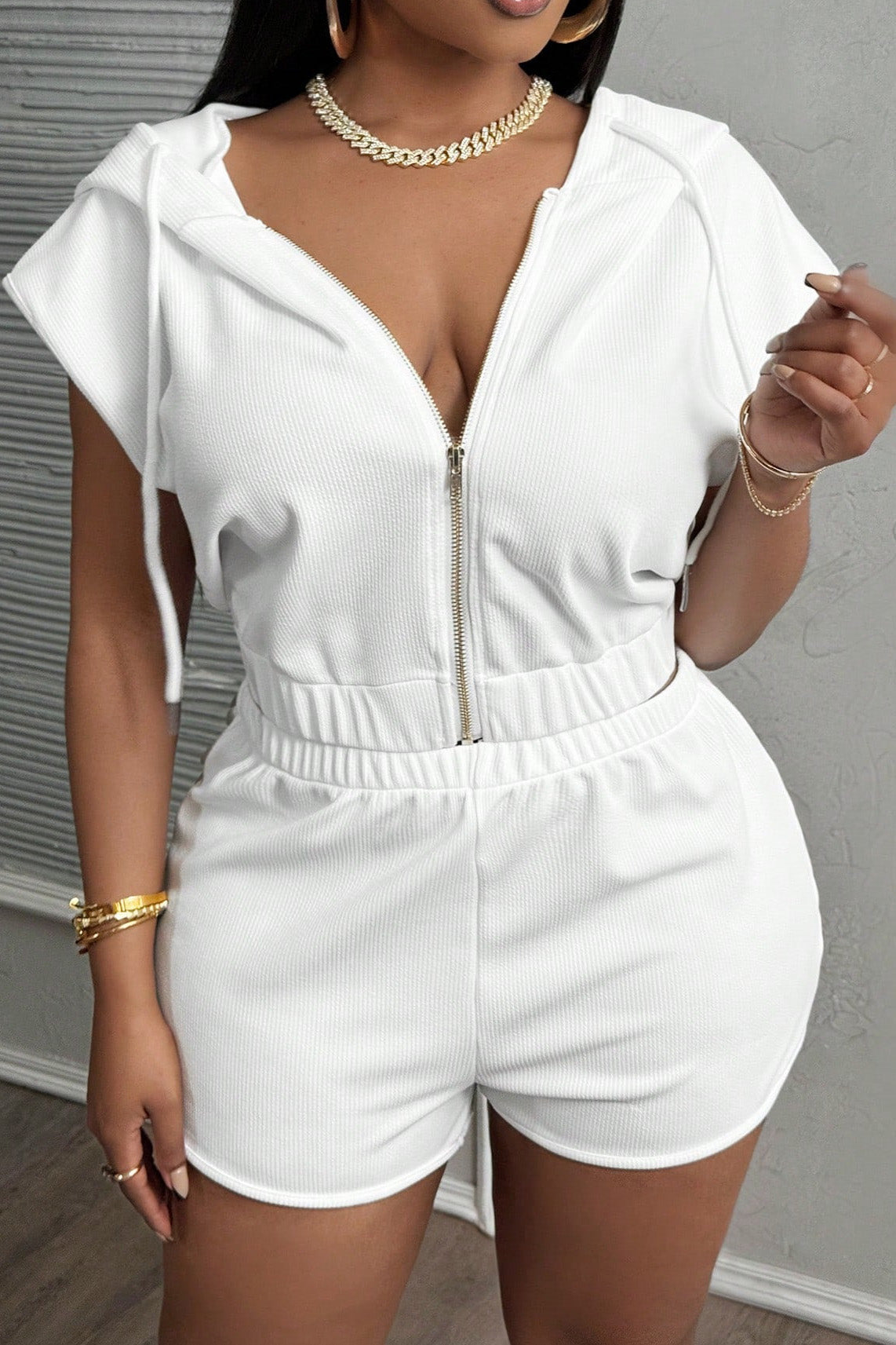 Solid Color Short Zip Hoodie & Shorts Set Lavish Daily
