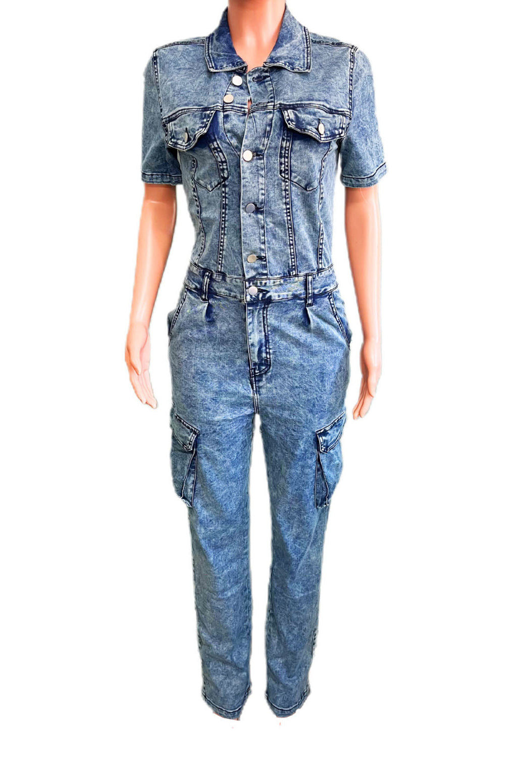 Blue Wash Short Sleeve Denim Jumpsuit Lavish Daily