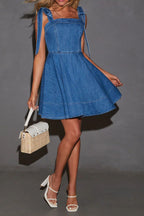 Square Neck Tie Shoulder Denim Dress Lavish Daily