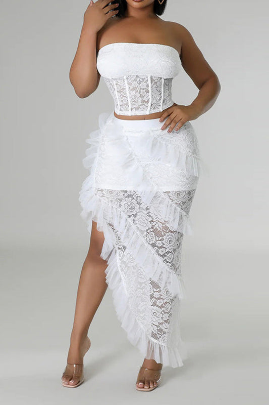 Lace Strapless Top and Ruffle Skirts Sets Lavish Daily