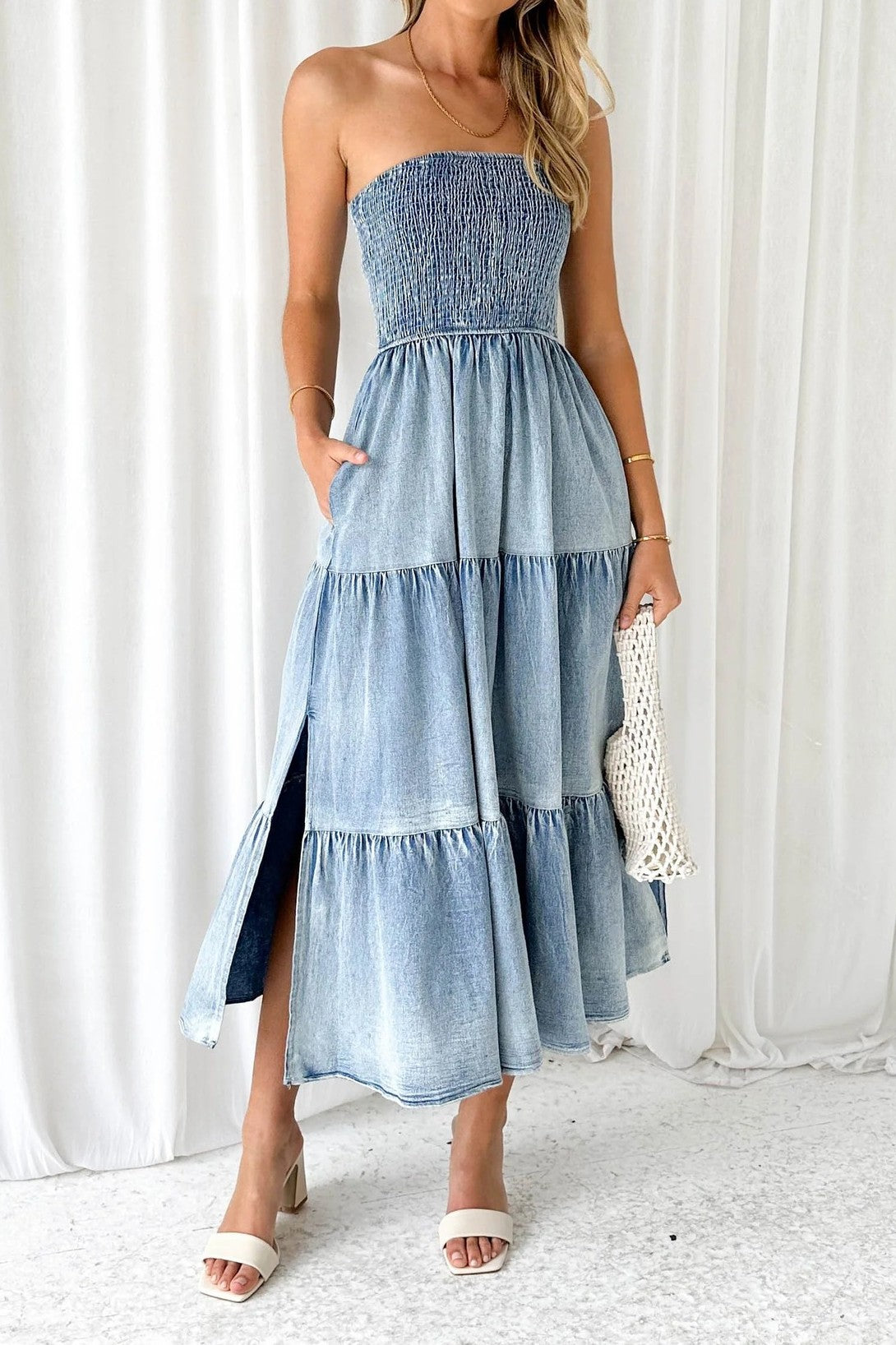 Strapless Side Slit Layered Denim Dress Lavish Daily