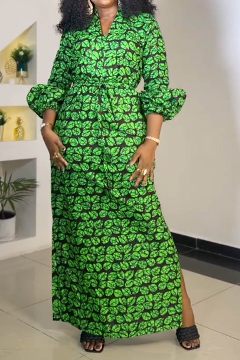 Print Slit V Neck Long Dresses Lavish Daily