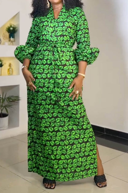 Print Slit V Neck Long Dresses Lavish Daily