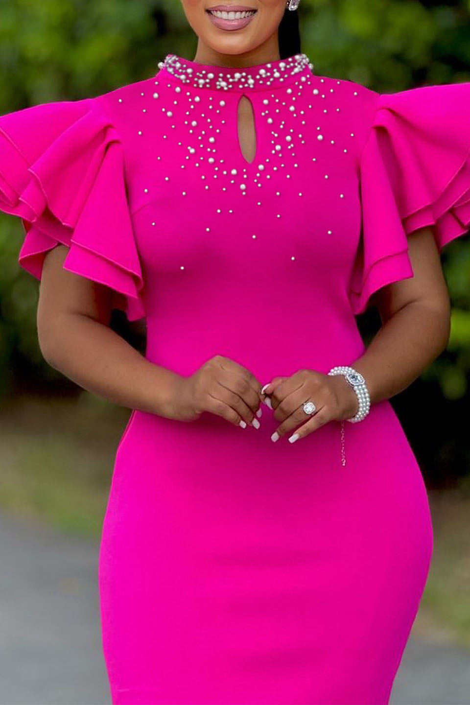 Pearls Decor O Neck Wrapped Dress Lavish Daily