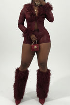 Snake Texture Faux Leather Long Sleeve Shorts Set Lavish Daily