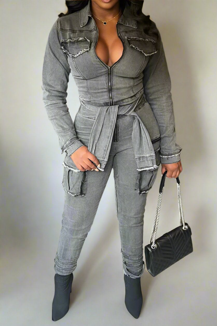 Multi Pocket Tie Up Denim Jumpsuits Lavish Daily