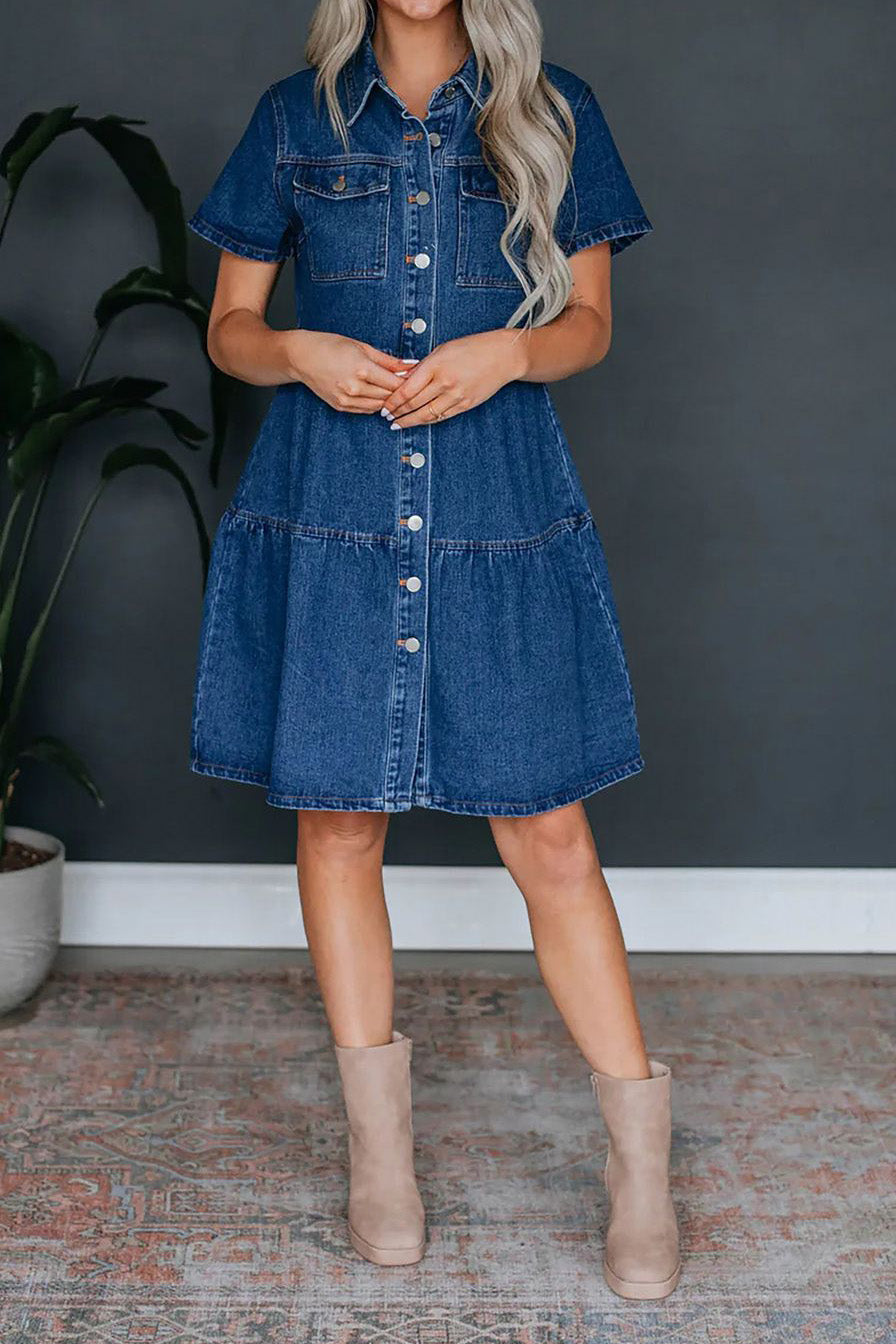 Short Sleeve Button-Up Denim Dress with Pockets Lavish Daily