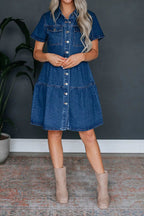 Short Sleeve Button-Up Denim Dress with Pockets Lavish Daily