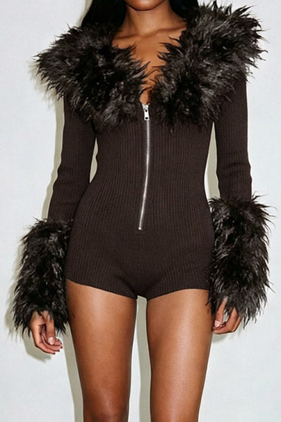 Plush-Trim Zip-Front Long-Sleeve Romper Lavish Daily