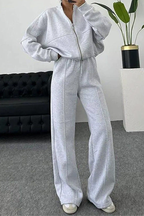 Baseball Collar Full Zip Drawstring Pants Set Lavish Daily