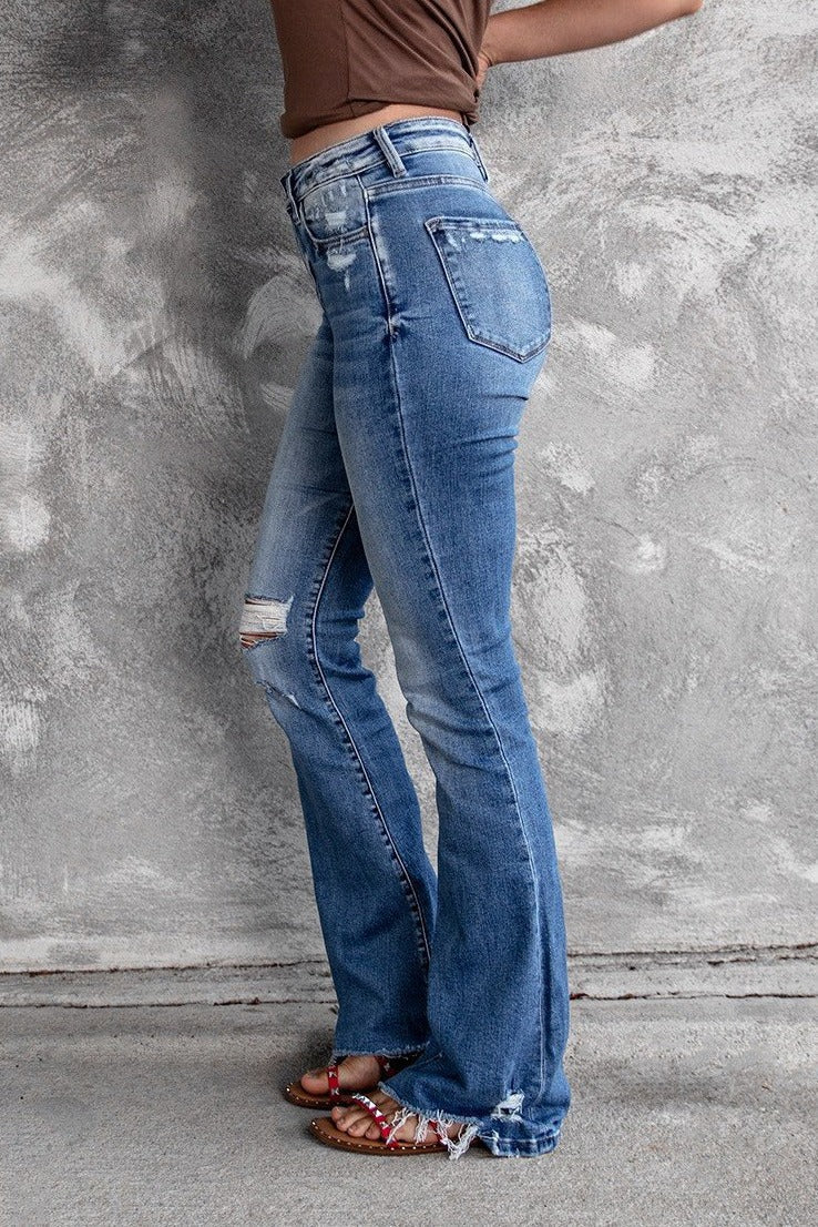 High Waist Distressed Raw Hem Flare Jeans Lavish Daily