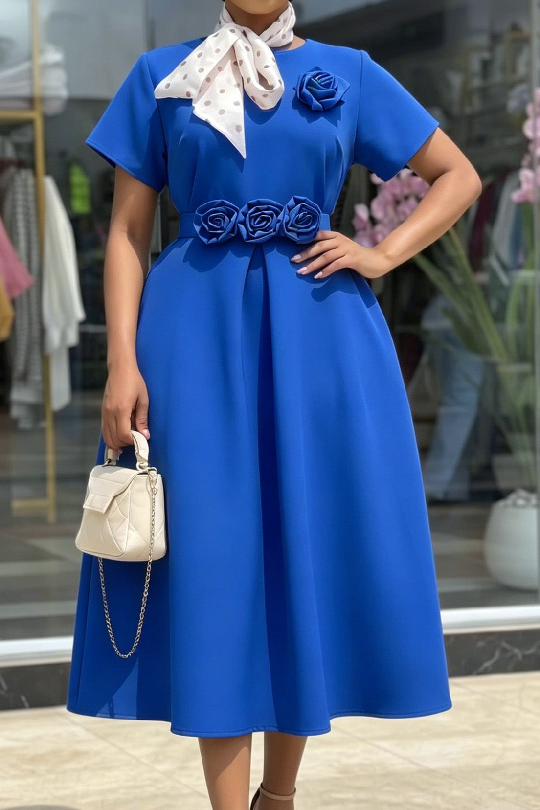 3D Rosette Belted A-Line Midi Dress Lavish Daily