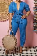 Puff Sleeve Belted Slim Denim Jumpsuit Lavish Daily