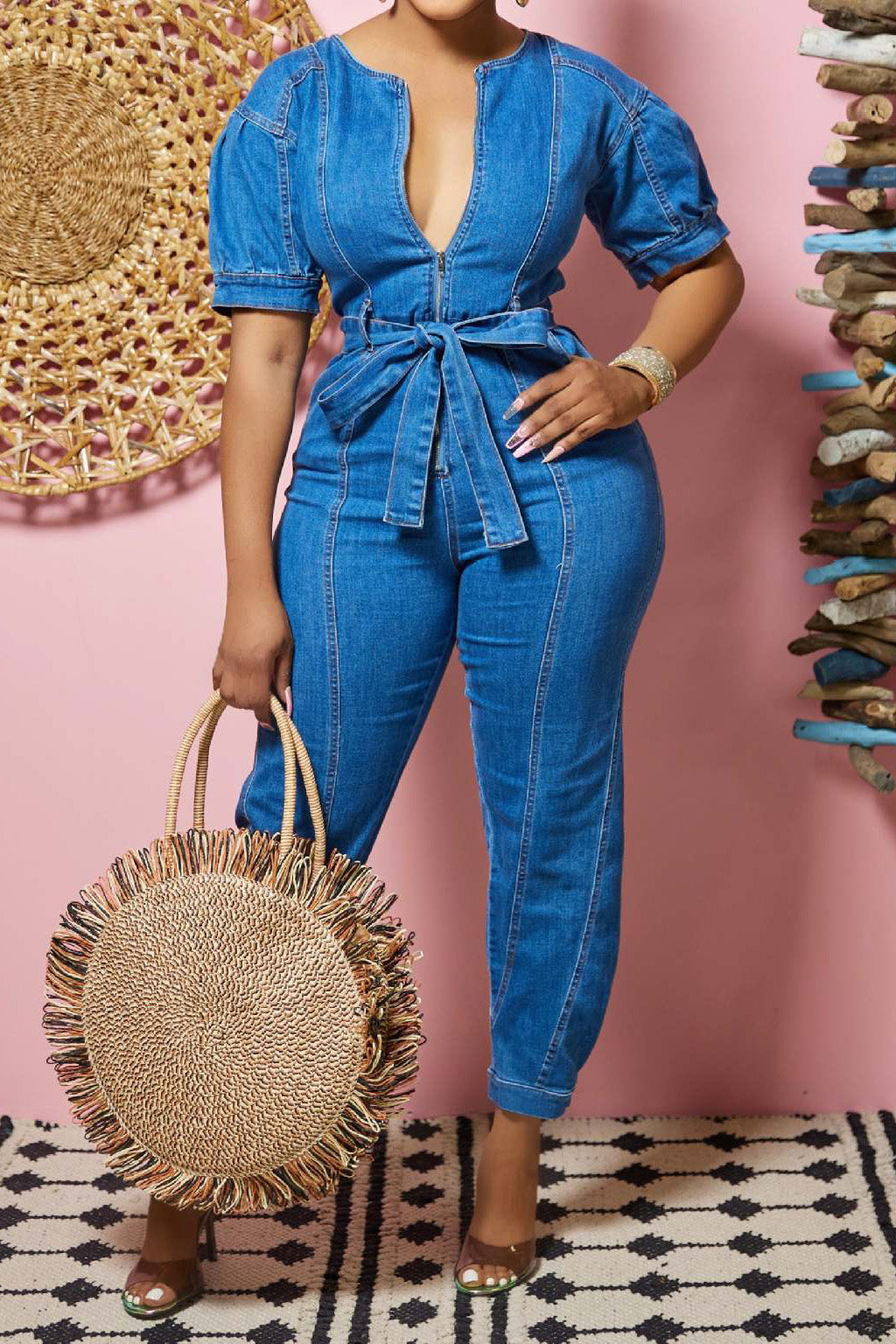 Puff Sleeve Belted Slim Denim Jumpsuit Lavish Daily