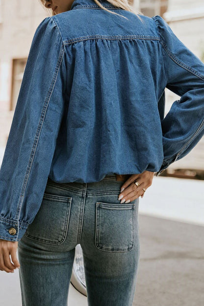 Puff-Sleeve Stand-Collar Denim Jacket Lavish Daily